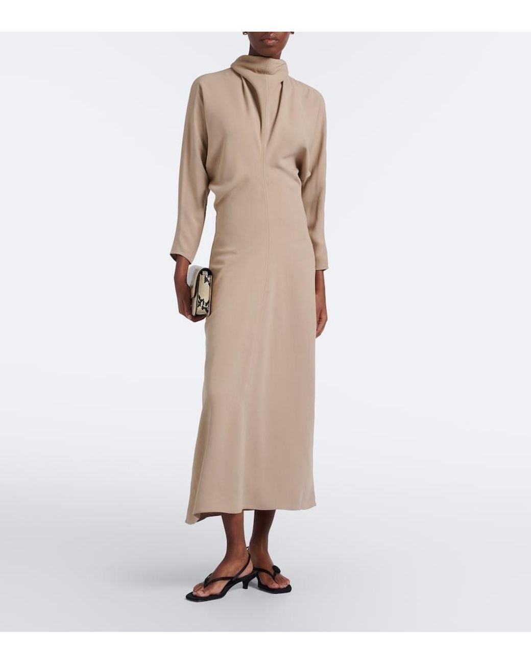 Totême Natural Draped Tie-Neck Cady Midi Dress