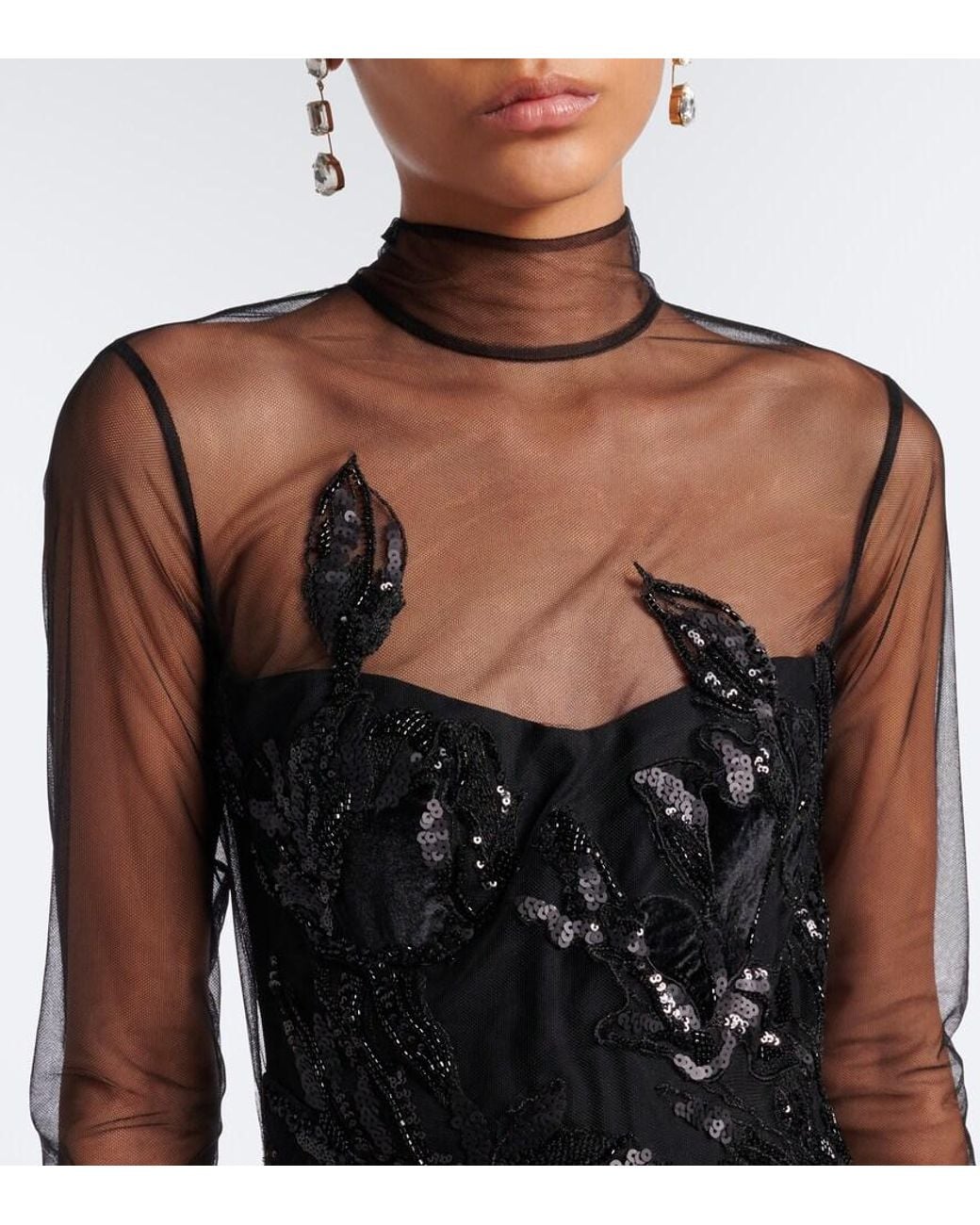 Costarellos Black Syndia Embellished Tulle Gown
