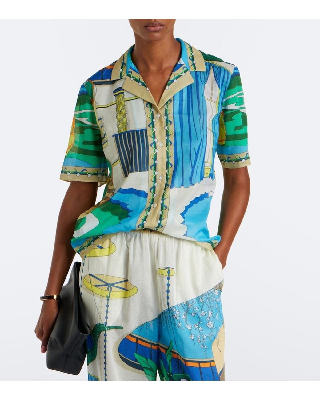 Tory Burch Blue Printed Cotton Poplin Bowling Shirt