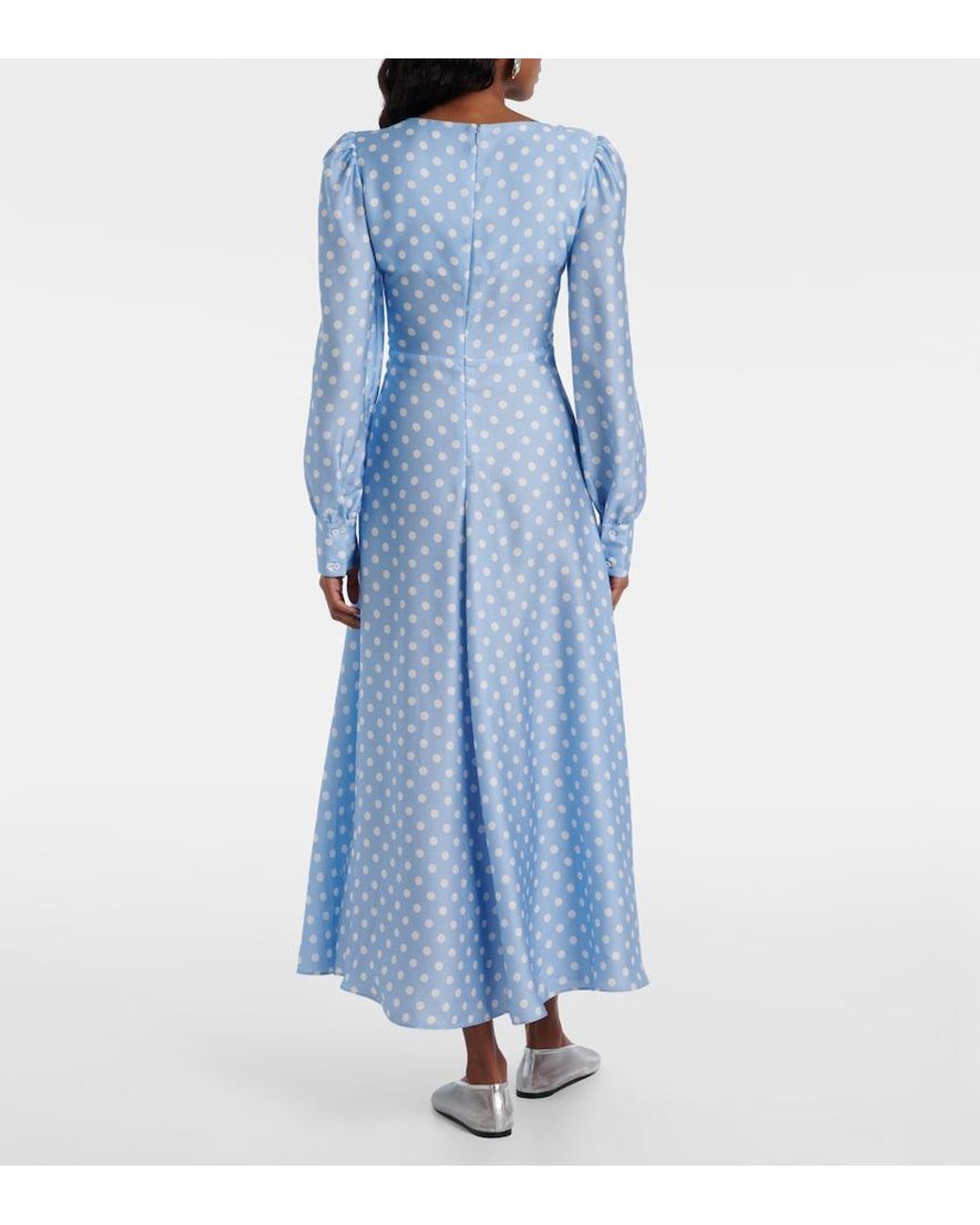 Posse Blue Tilly Polka-Dot Satin Midi Dress