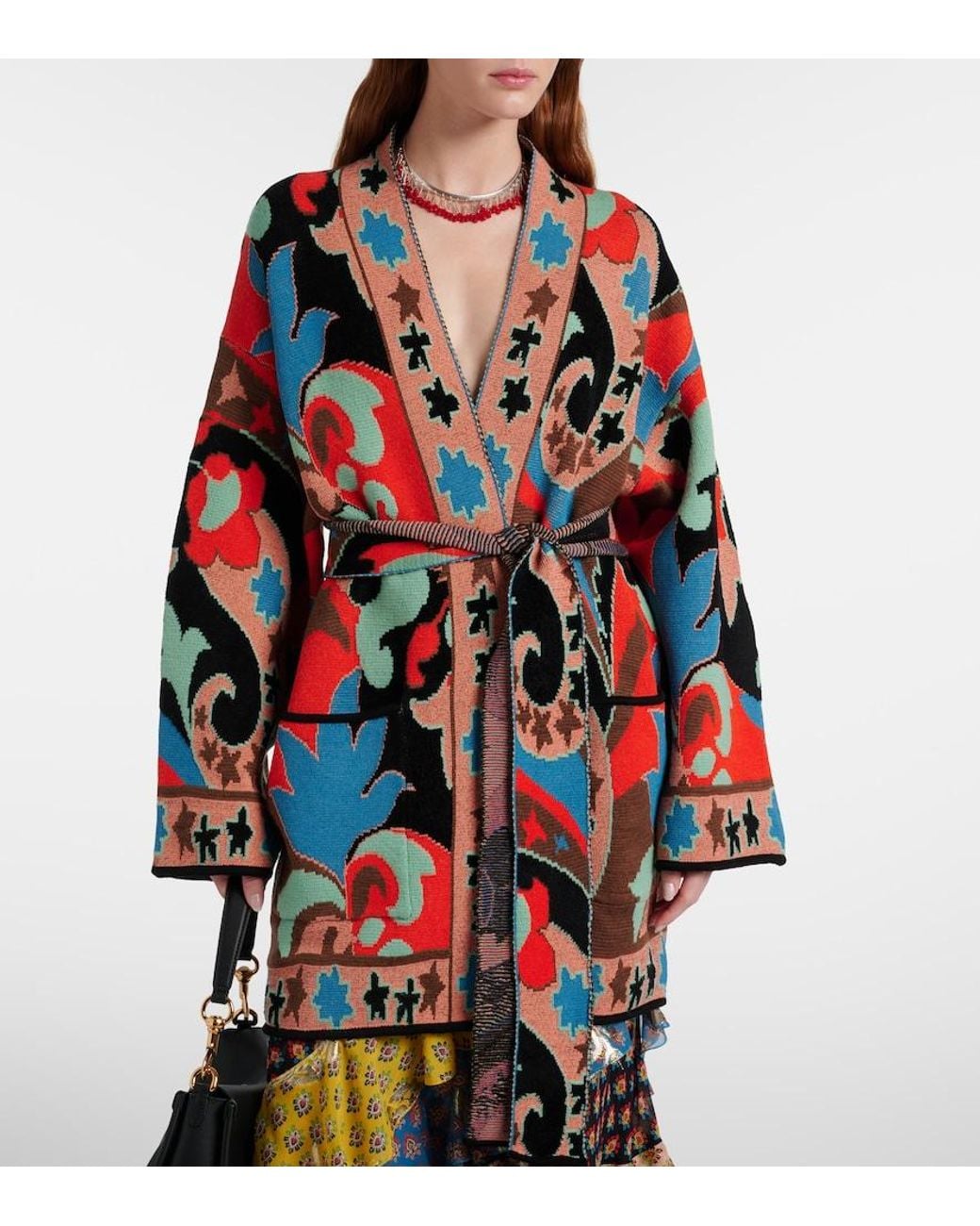 Etro Red Jacquard Wool-Blend Wrap Cardigan