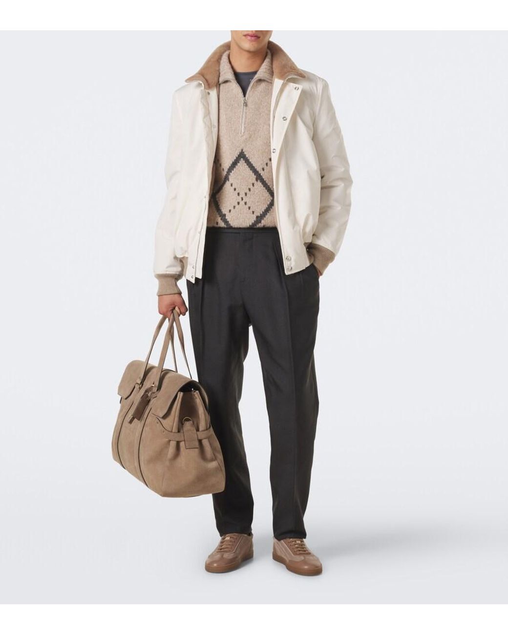Brunello Cucinelli Brown Leather-Trimmed Herringbone Sneakers for men