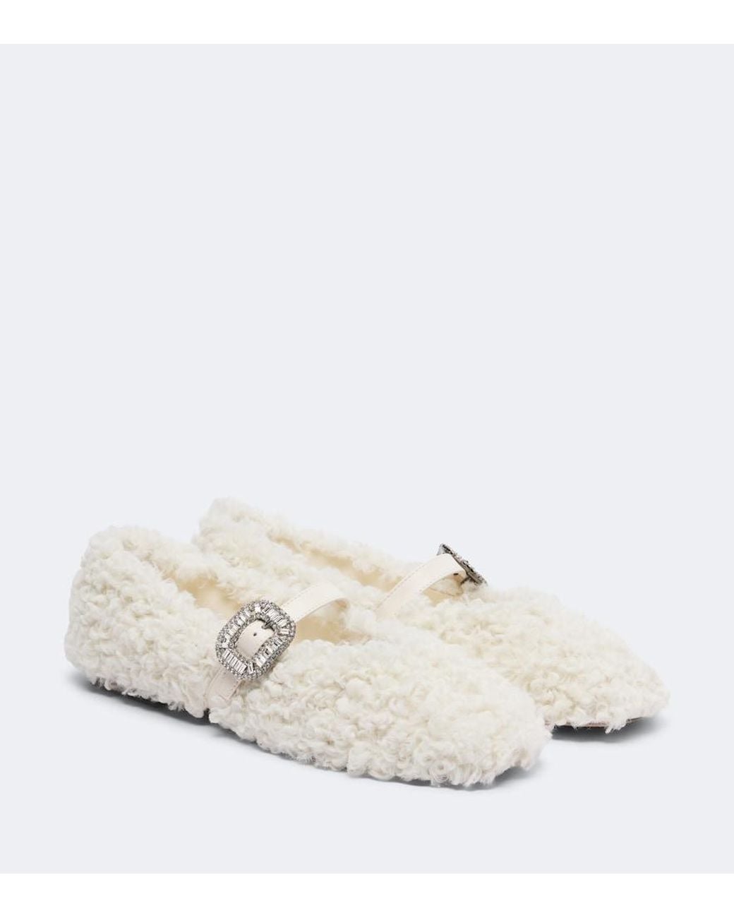 Roger Vivier White Pilgrim Strass Shearling Mary Jane Flats