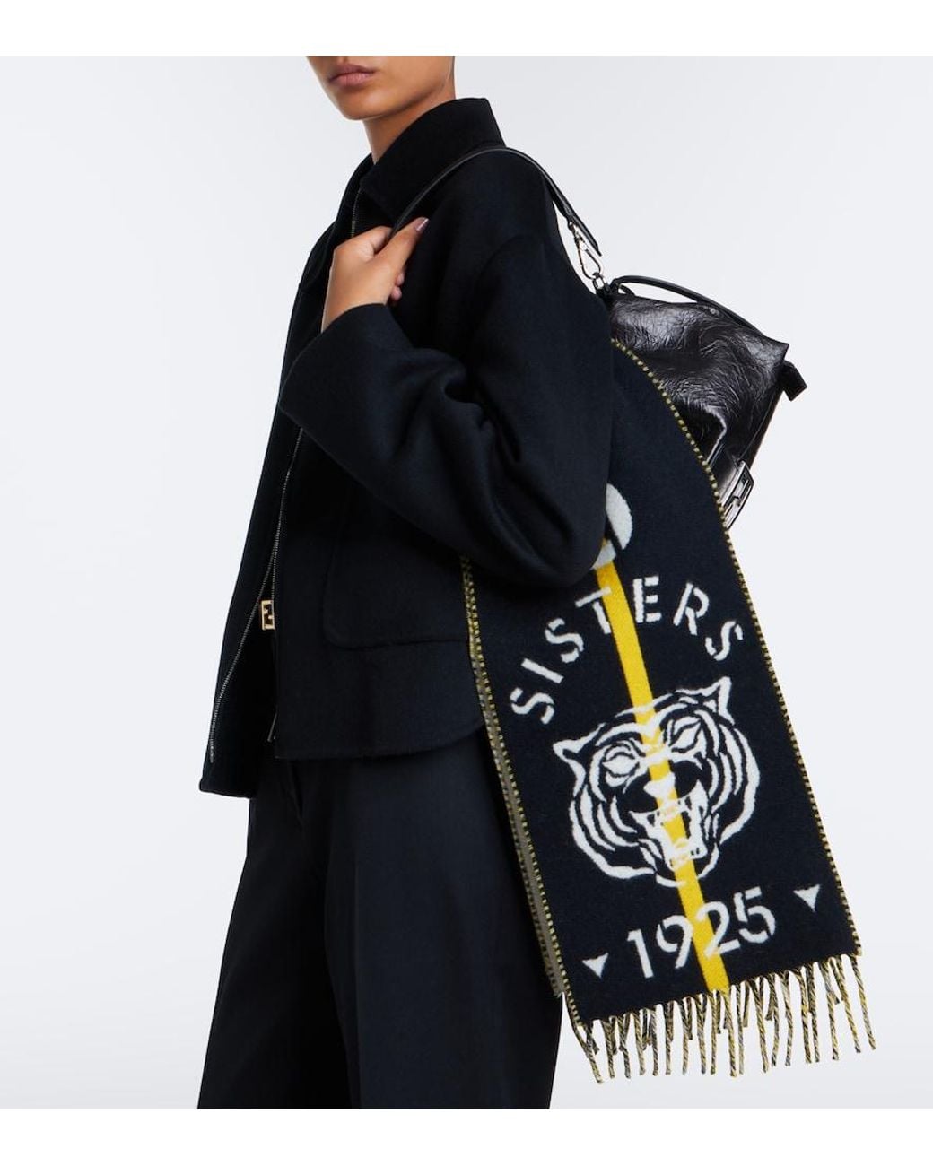Fendi Black Reversible Jacquard Wool And Cashmere Scarf