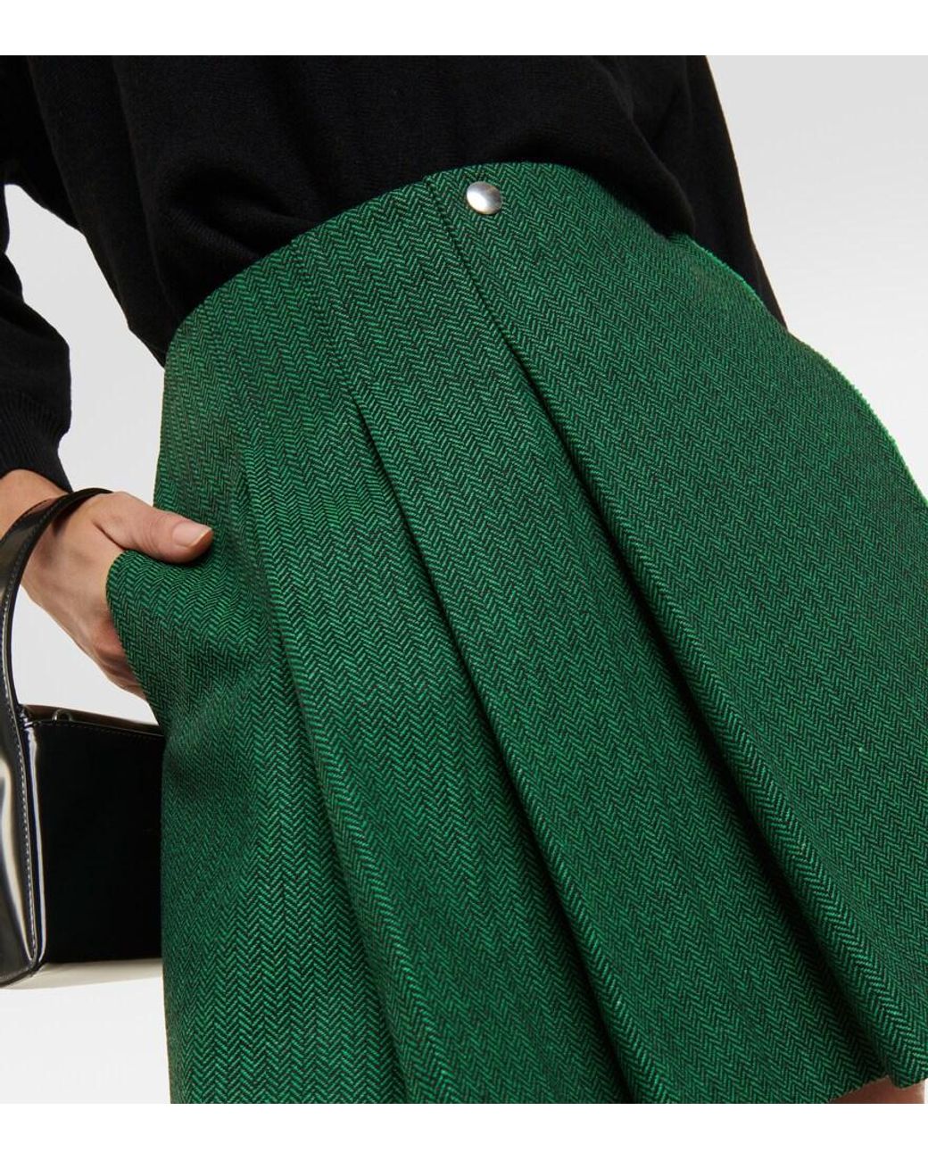 Plan C Green Pleated Wool-Blend Miniskirt