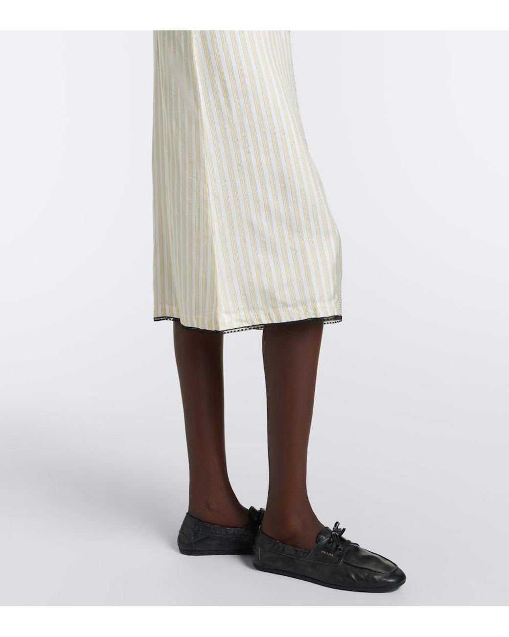Prada Natural Bow-Detail Striped Midi Dress
