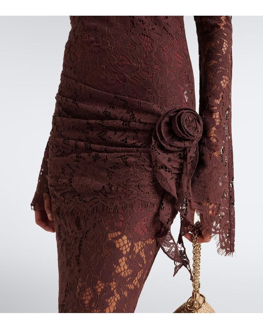De La Vali Purple Bodita Draped Cotton-Blend Lace Gown