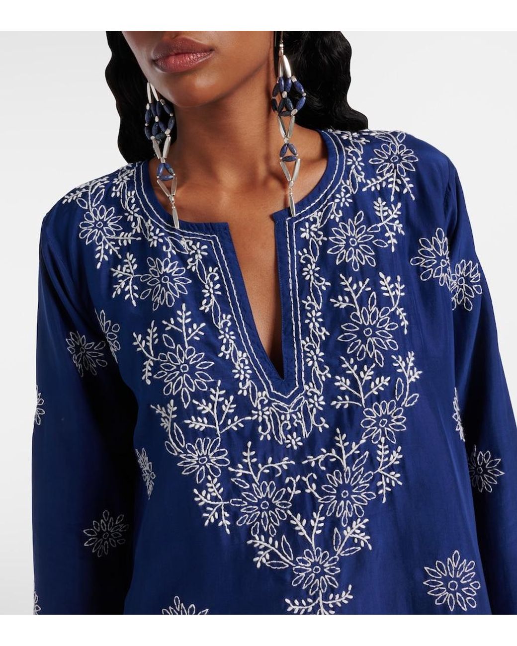 Juliet Dunn Blue Embroidered Silk Tunic