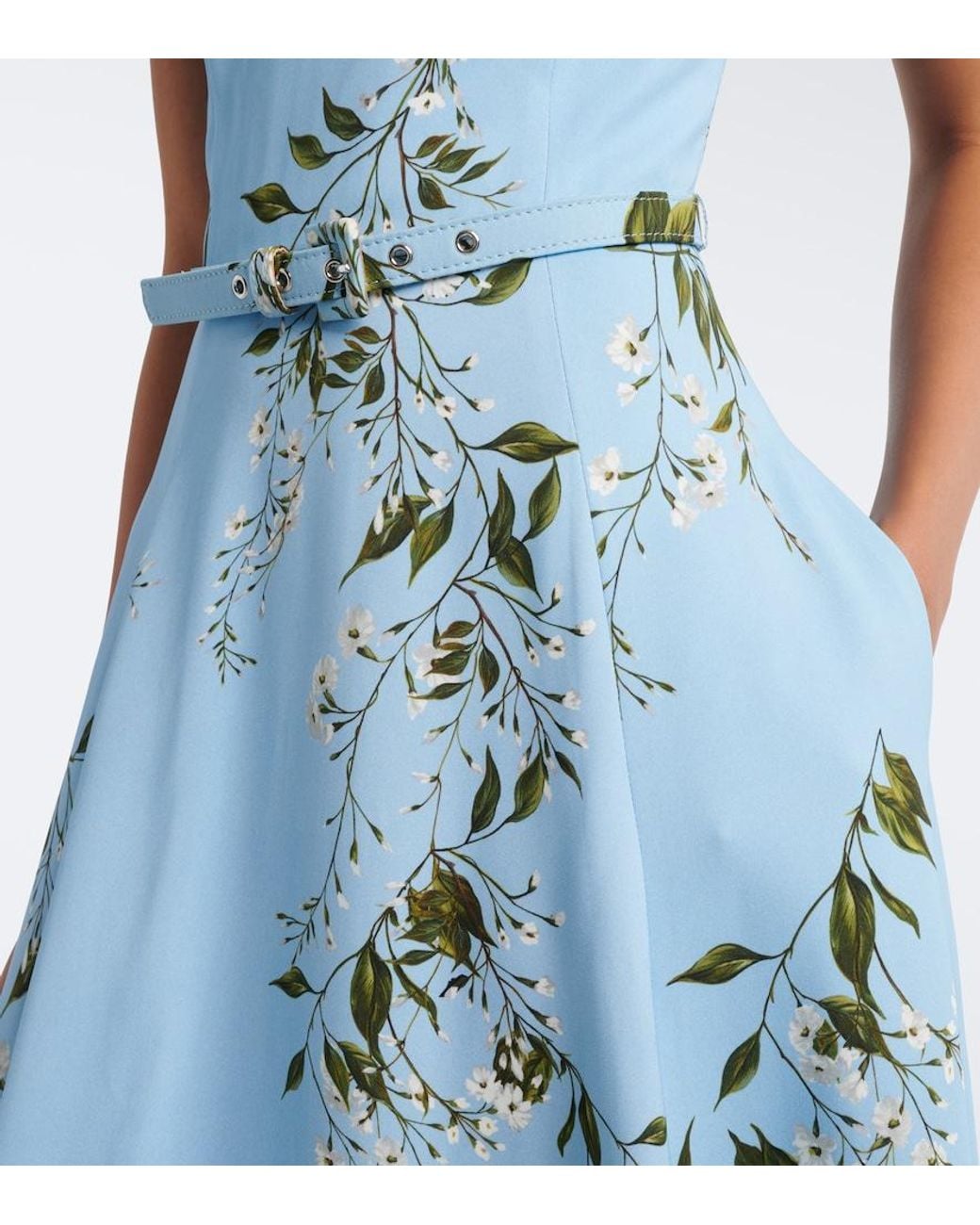 Monique Lhuillier Blue Floral Belted Midi Dress