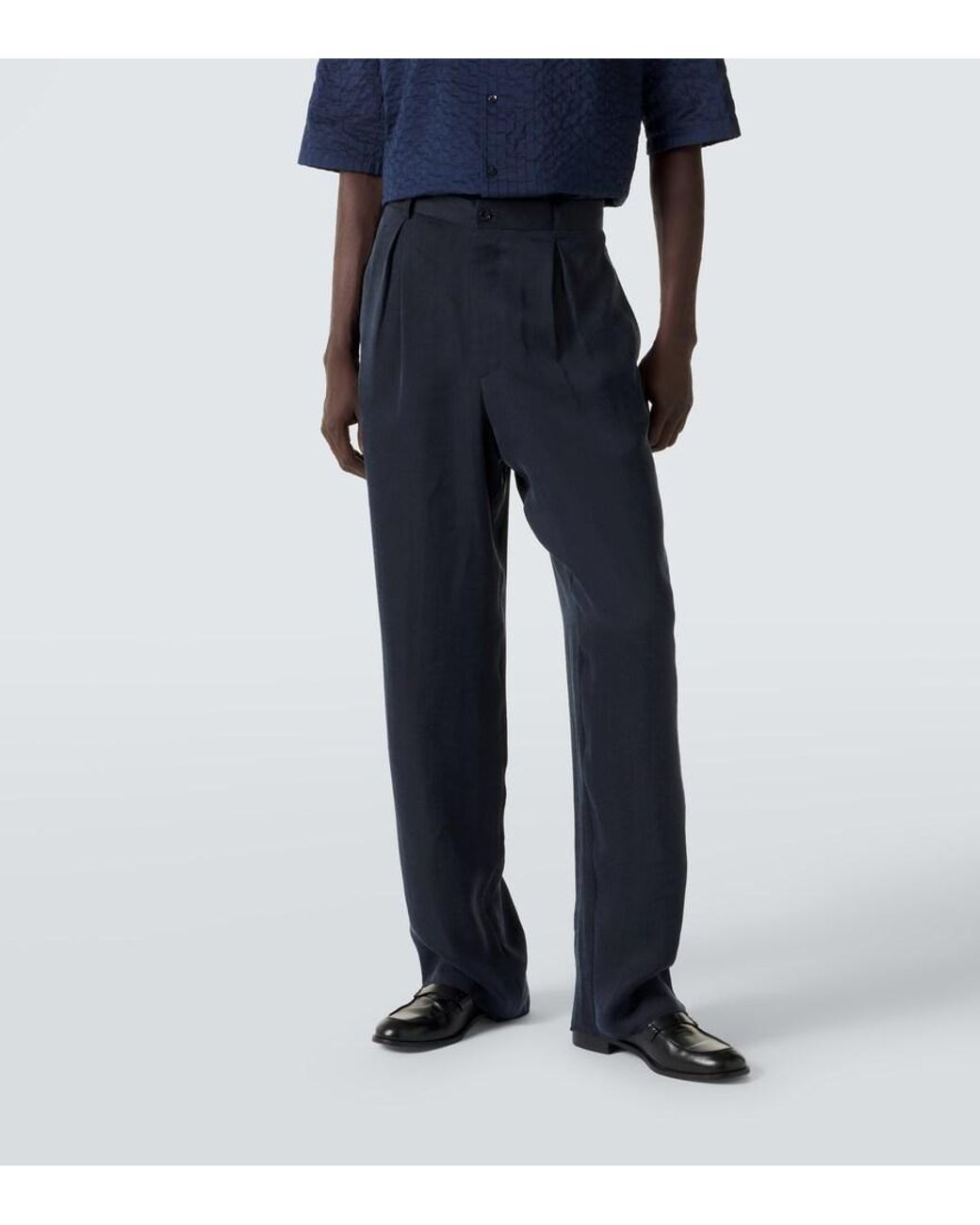 Giorgio Armani Blue Pleated Satin Wide-Leg Pants for men