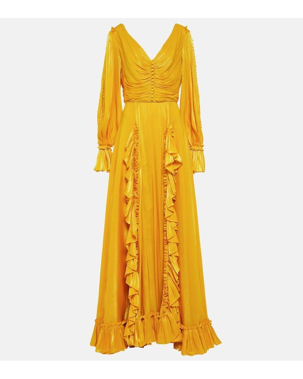 Costarellos Yellow Ruffle-Trimmed Gown
