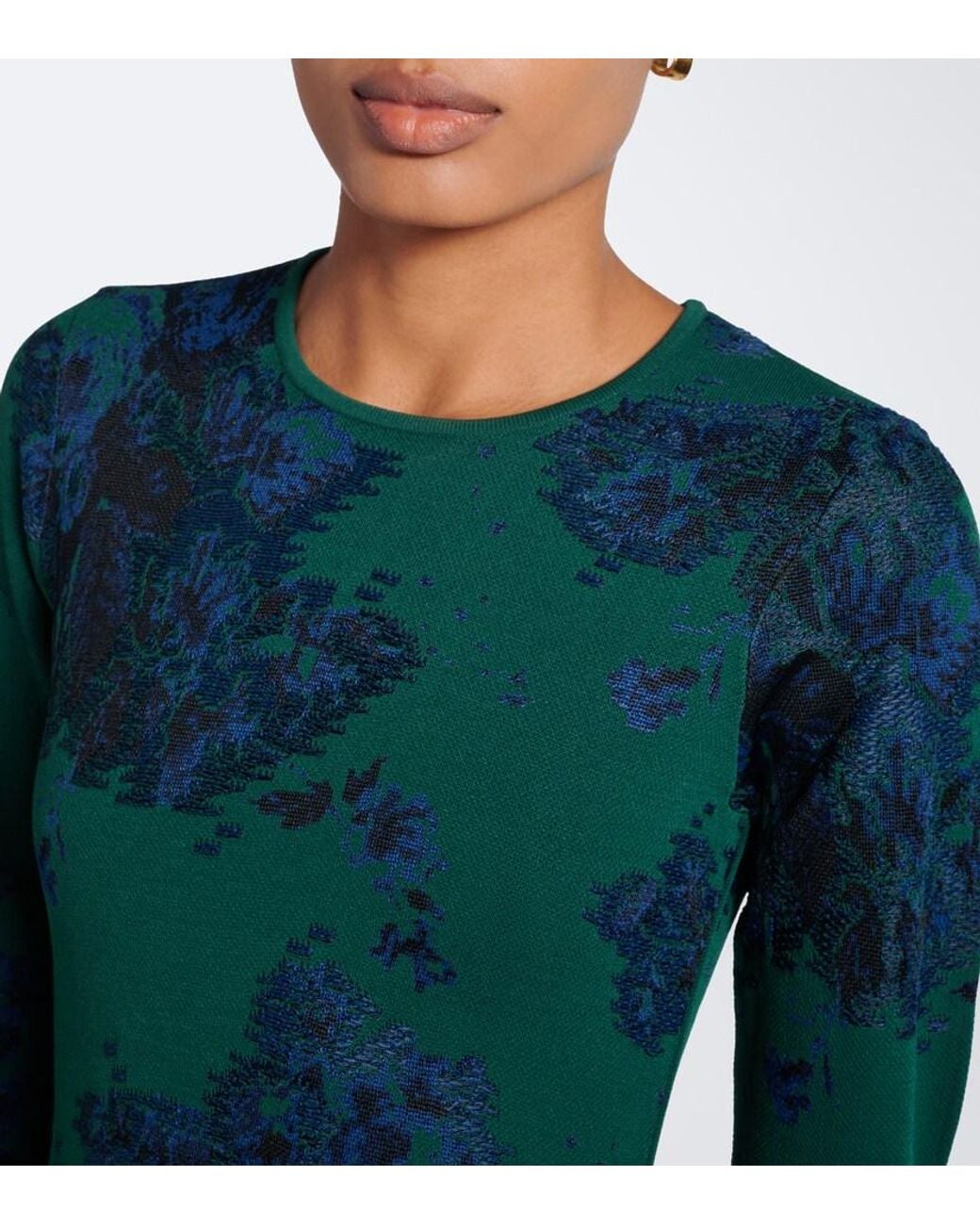 Erdem Blue Floral Fringed Knitted Jacquard Midi Dress