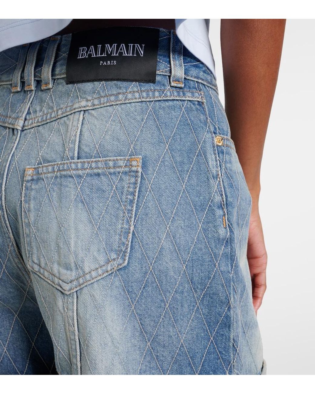 Balmain Blue Patterned Denim Shorts