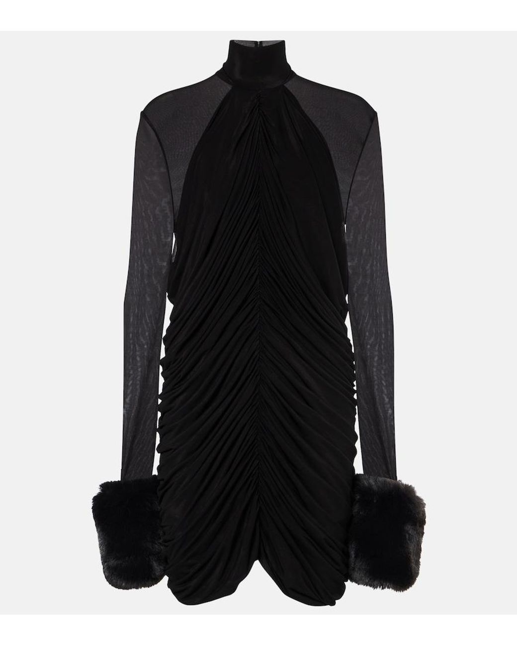 Magda Butrym Black Mesh Faux Fur-Trimmed Mini Dress