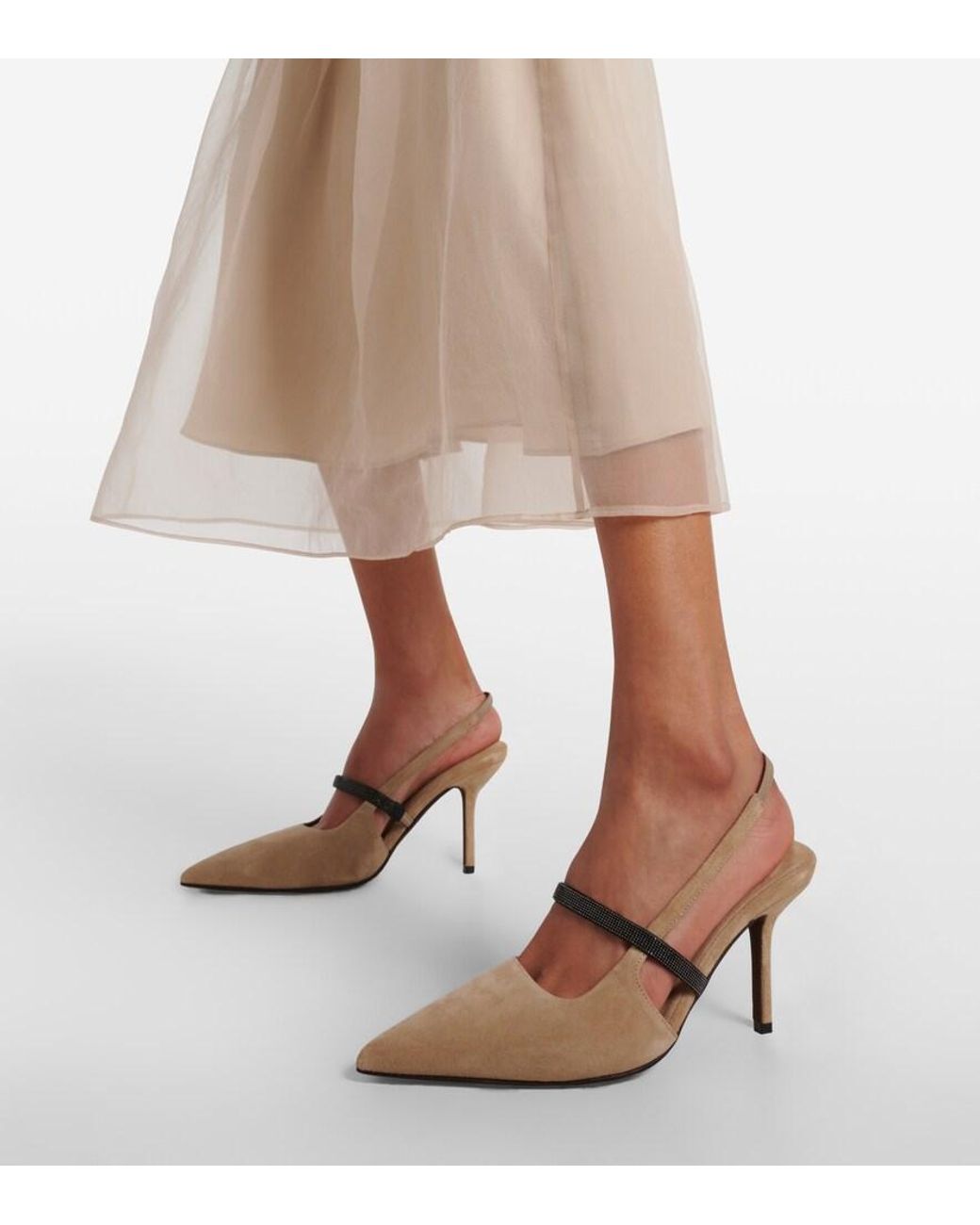 Brunello Cucinelli Natural Monili Suede Slingback Pumps