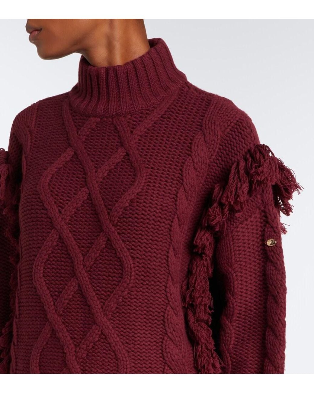 Goldbergh Purple Brit Cable-Knit Fringed Wool Sweater