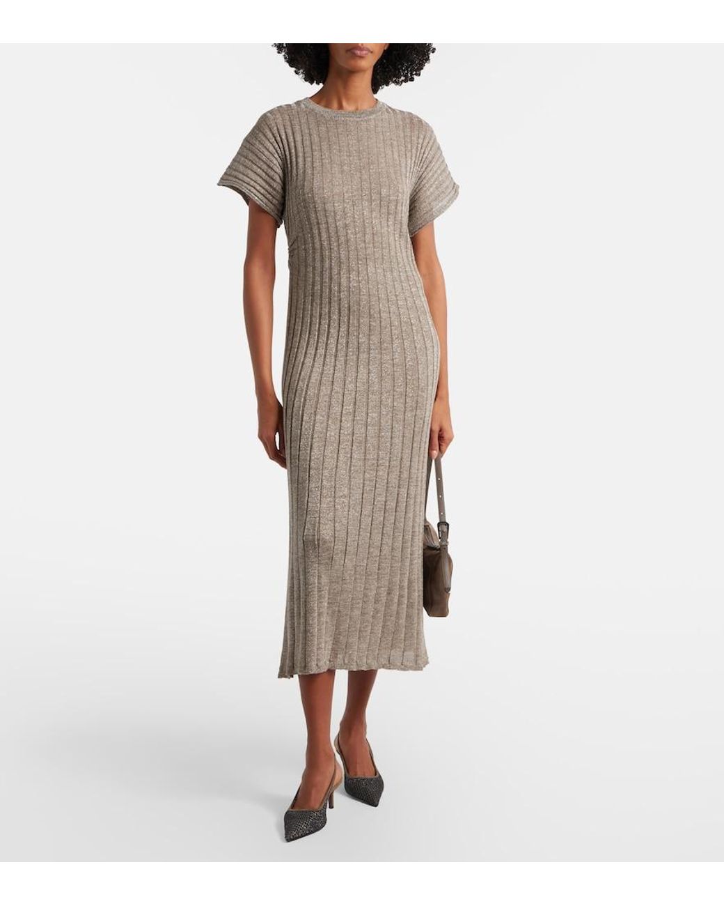 Brunello Cucinelli Natural Ribbed-Knit Lame Midi Dress