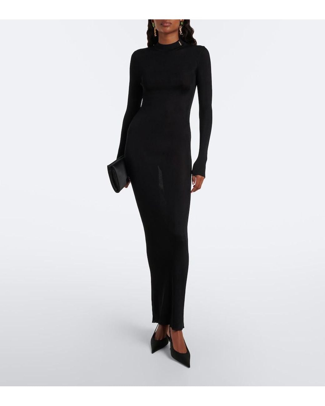 Saint Laurent Black Cassandre Ribbed-Knit Silk Maxi Dress