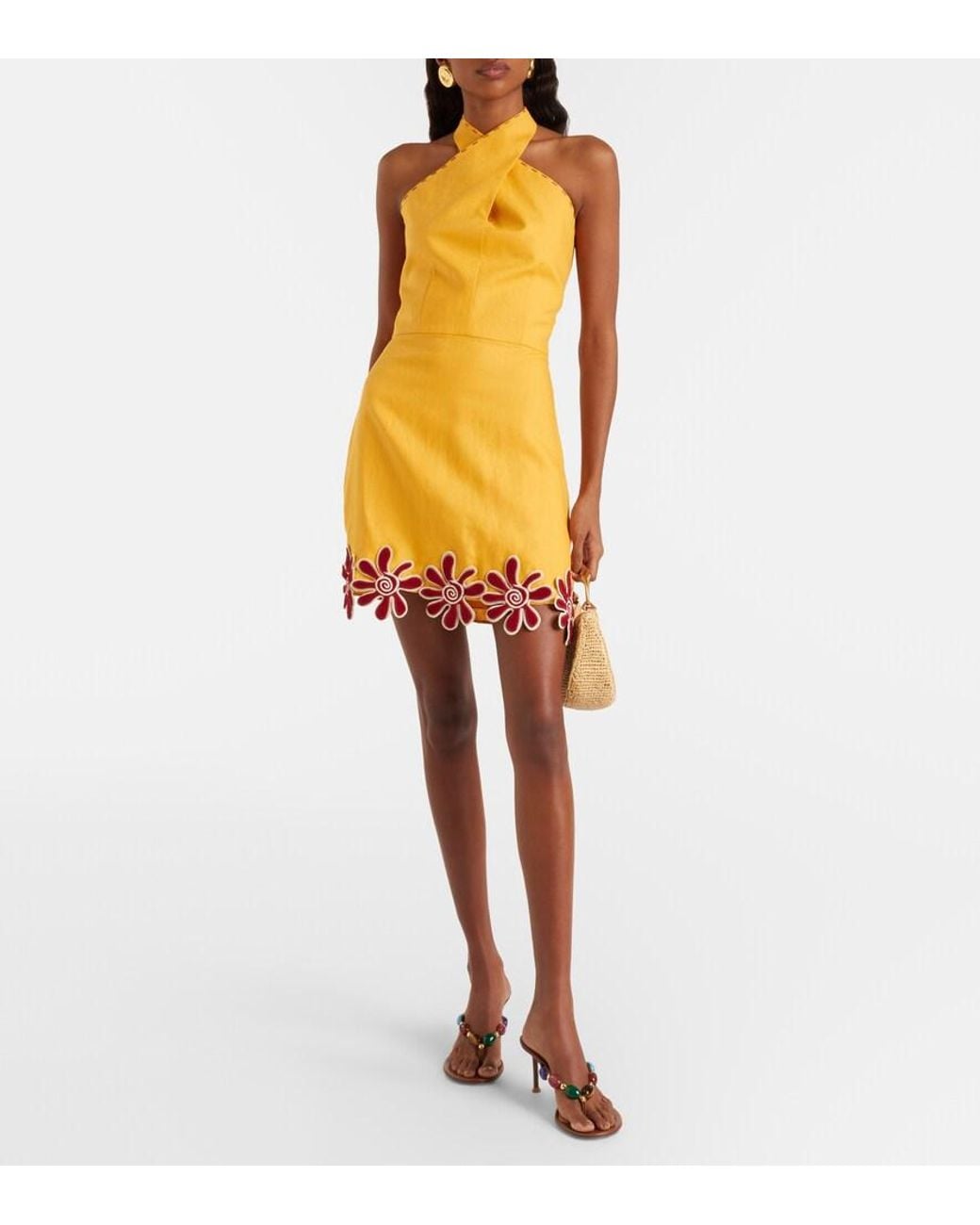 Cala De La Cruz Yellow Veneta Floral-Applique Linen Minidress