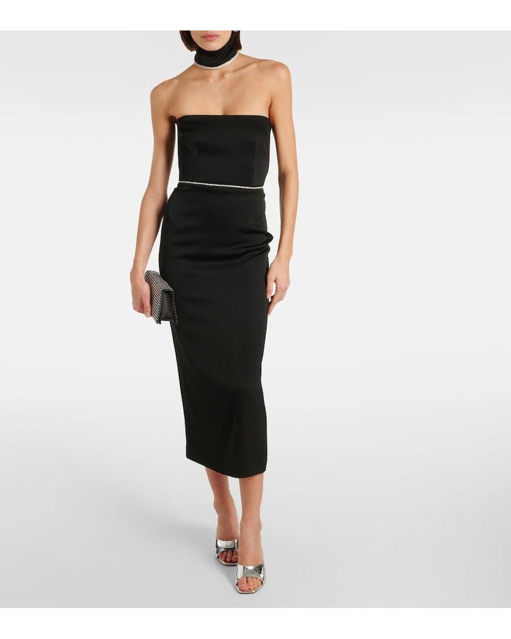 Alex Perry Black Crystal-Embellished Satin Midi Dress
