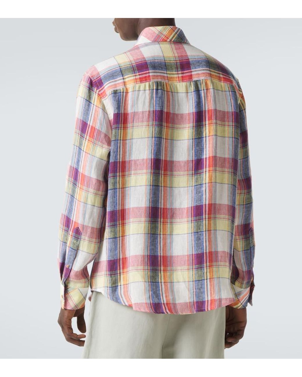 God's True Cashmere Pink Daybreak Plaid Linen Shirt With Sunstone for men