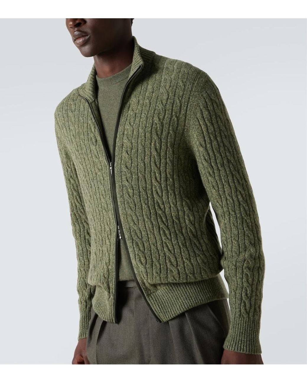 Loro Piana Green Cable-Knit Cashmere Zip-Up Sweater for men