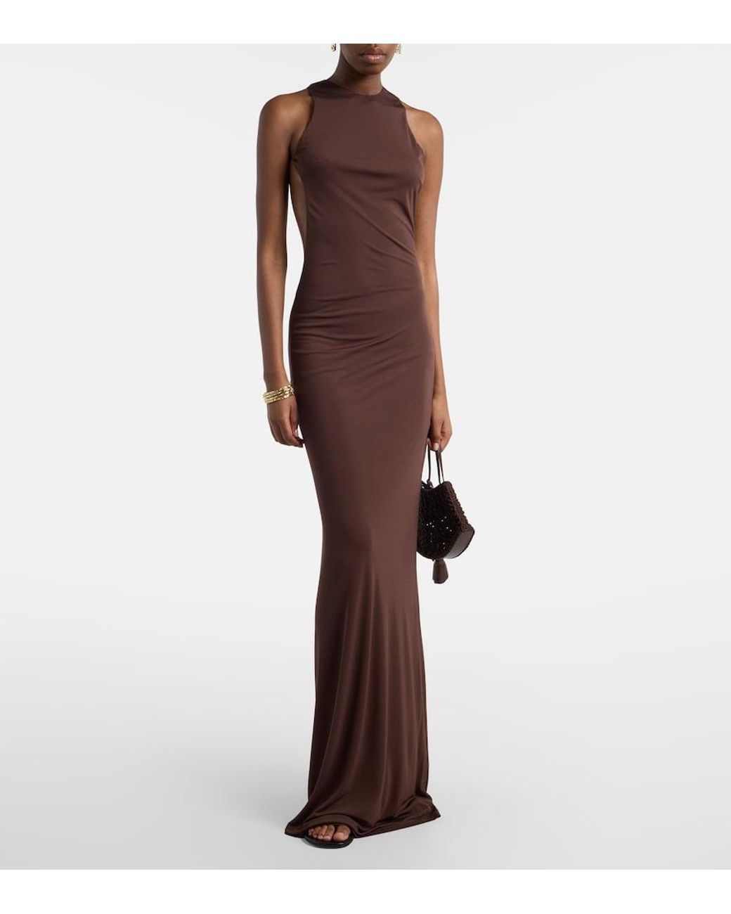 De La Vali Brown Maha Beaded Open-Back Jersey Gown