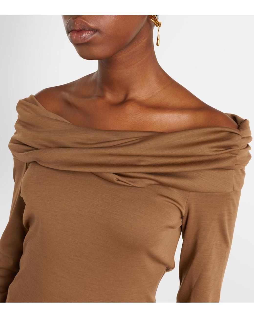 Max Mara Brown Orafo Draped Virgin Wool Top