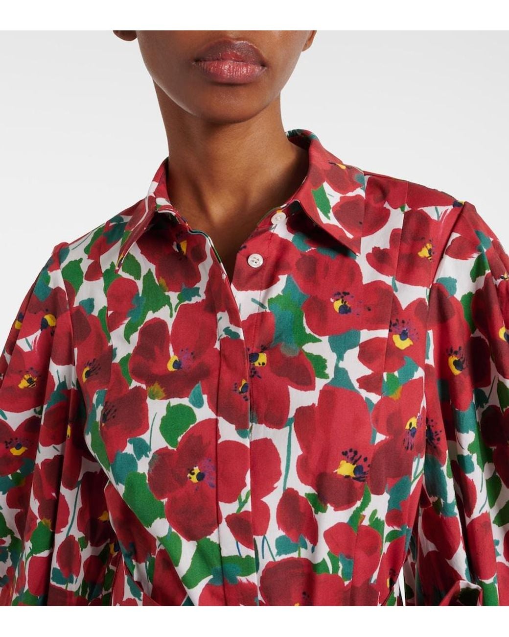 Carolina Herrera Red Floral Cotton-Blend Shirt Dress
