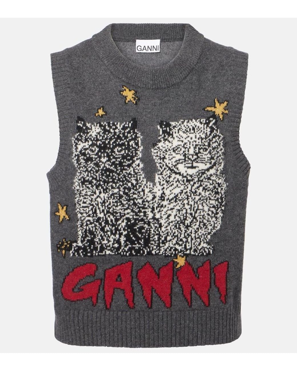 Ganni Cats Logo-Embroidered Knitted Recycled Wool-Blend Vest in