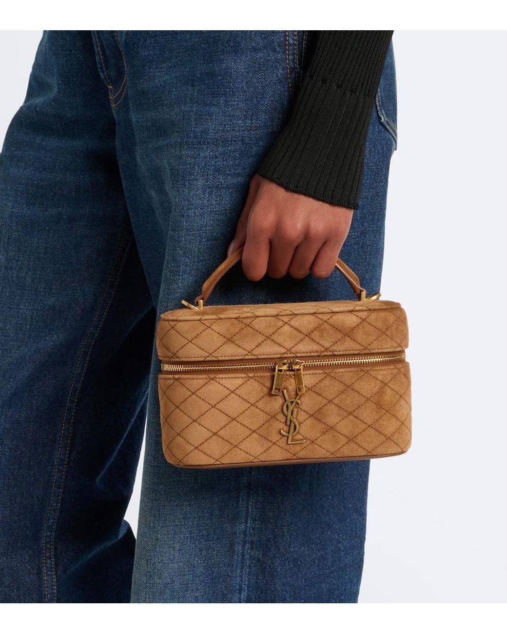 Saint Laurent Brown Gaby Mini Quilted Suede Vanity Bag
