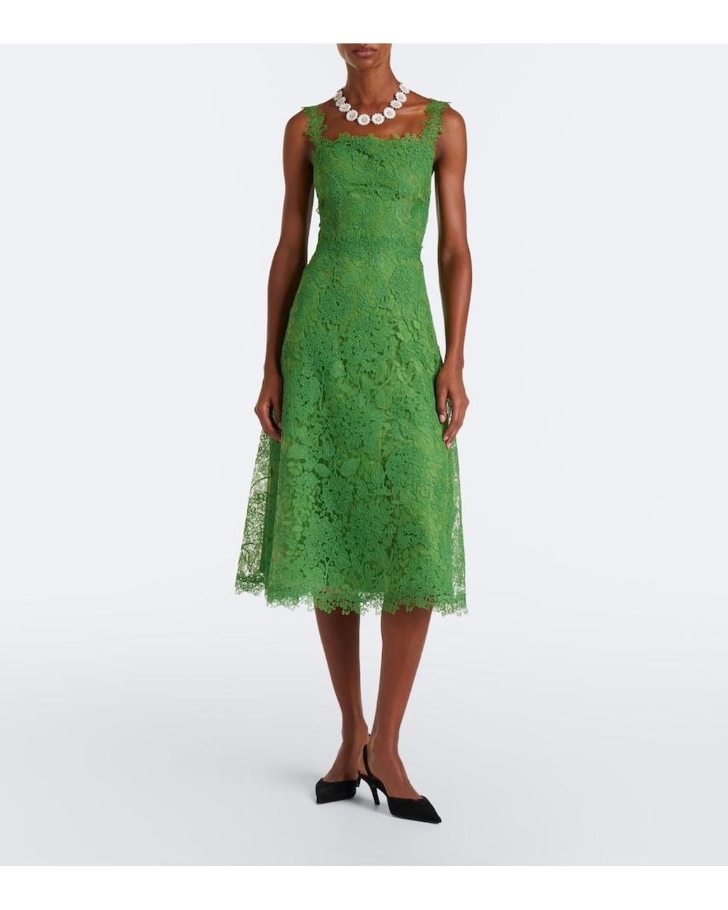Carolina Herrera Green Floral Lace Midi Dress