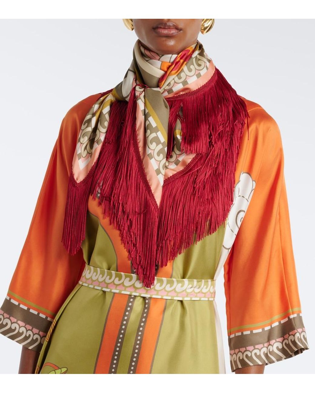 LaDoubleJ Red Fringed Printed Silk Twill Scarf