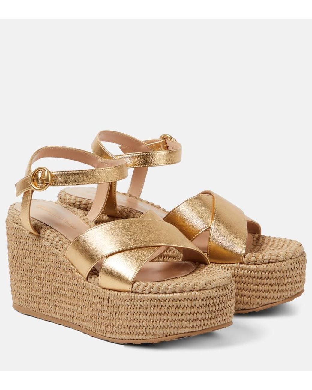 Gianvito Rossi Metallic Leather And Raffia Platform Sandals