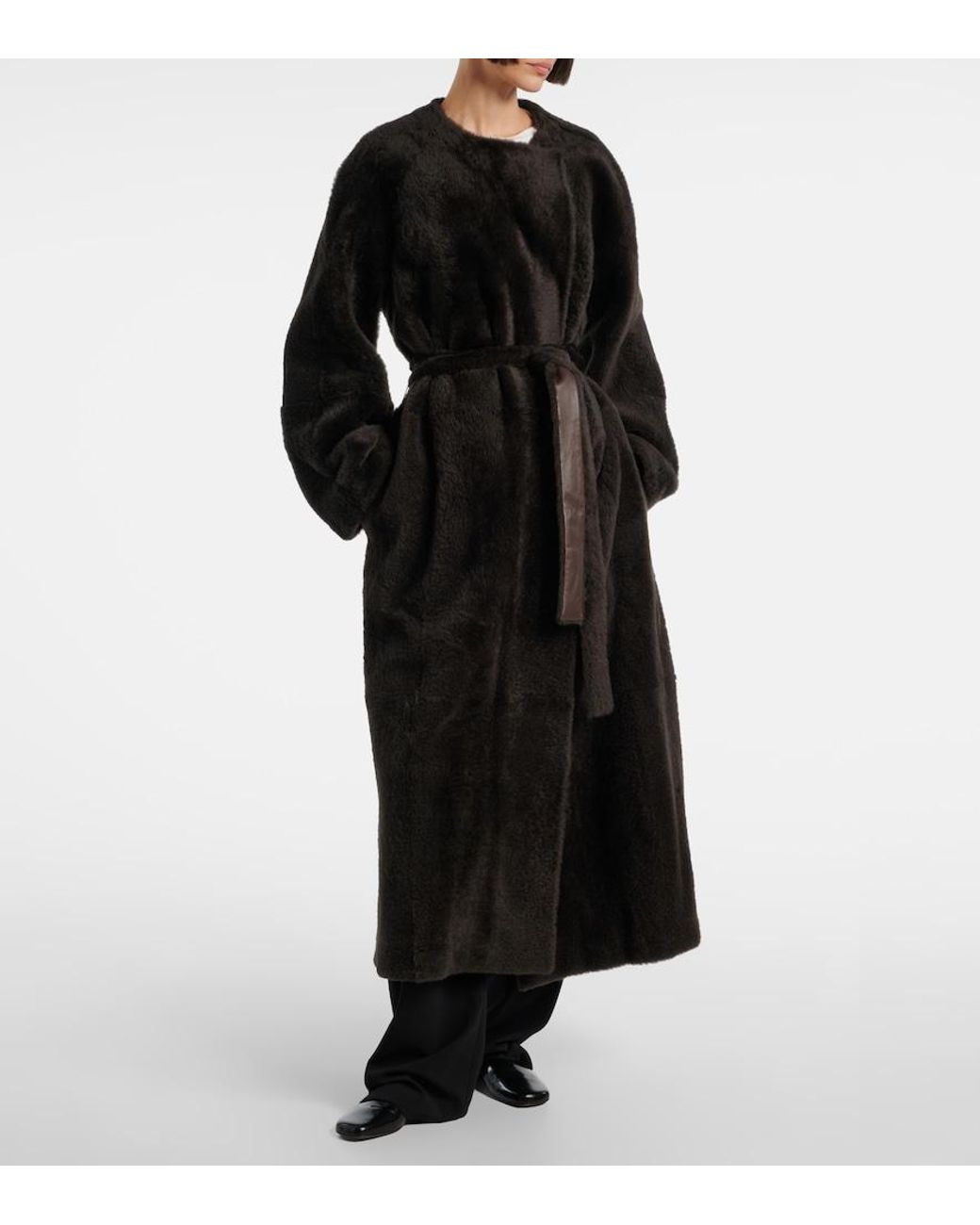 The Row Black Madelina Belted Shearling Coat