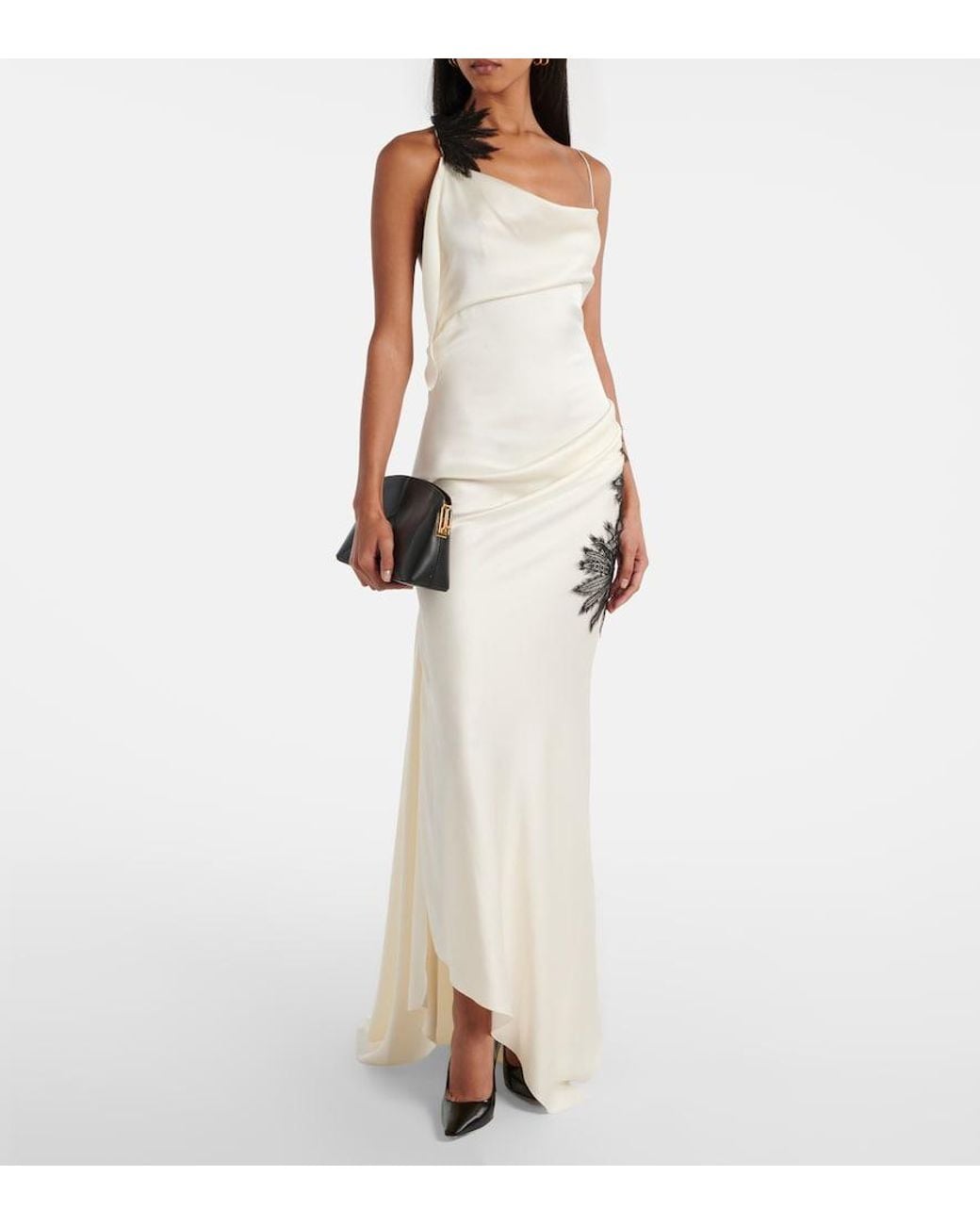 Victoria Beckham White Floral-Applique Draped Satin Crepe Gown