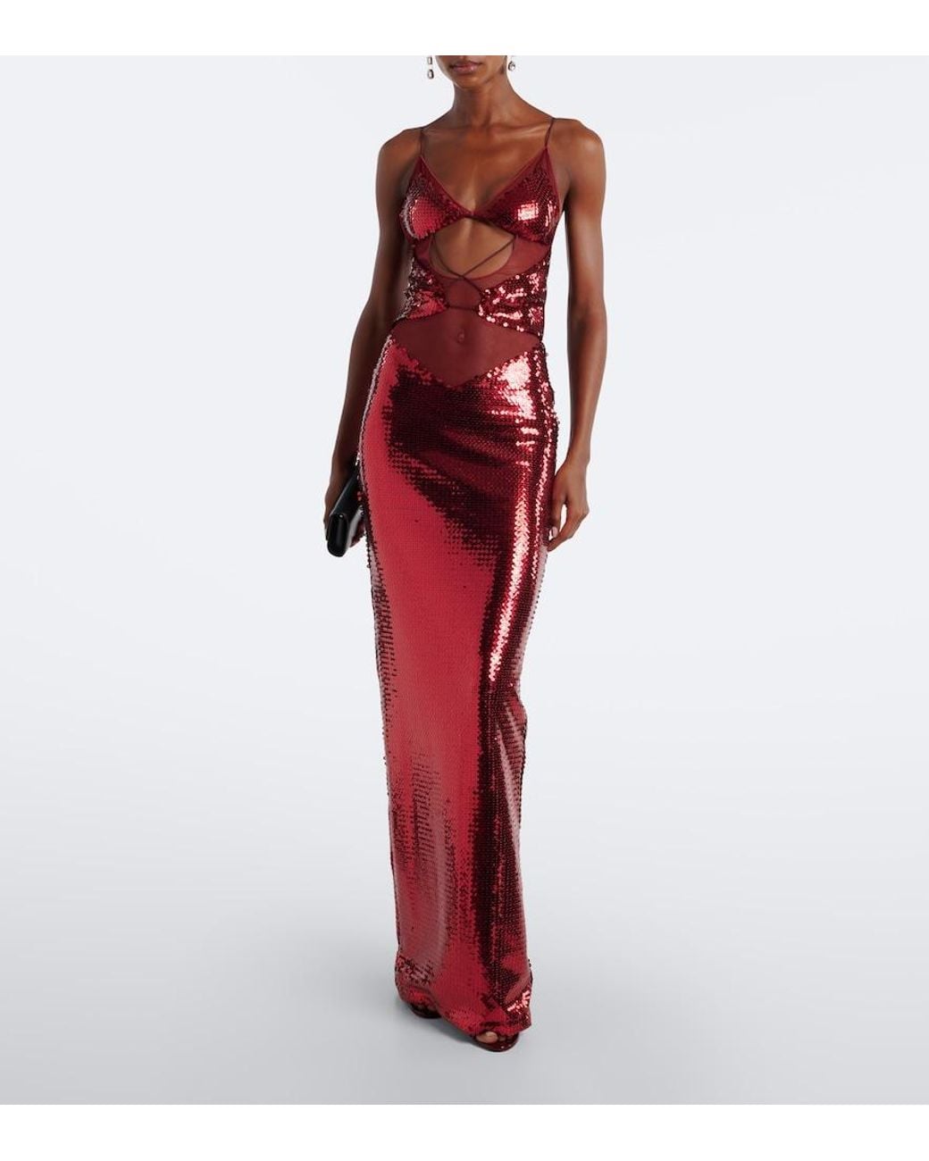 Nensi Dojaka Red Sequined Cutout Gown