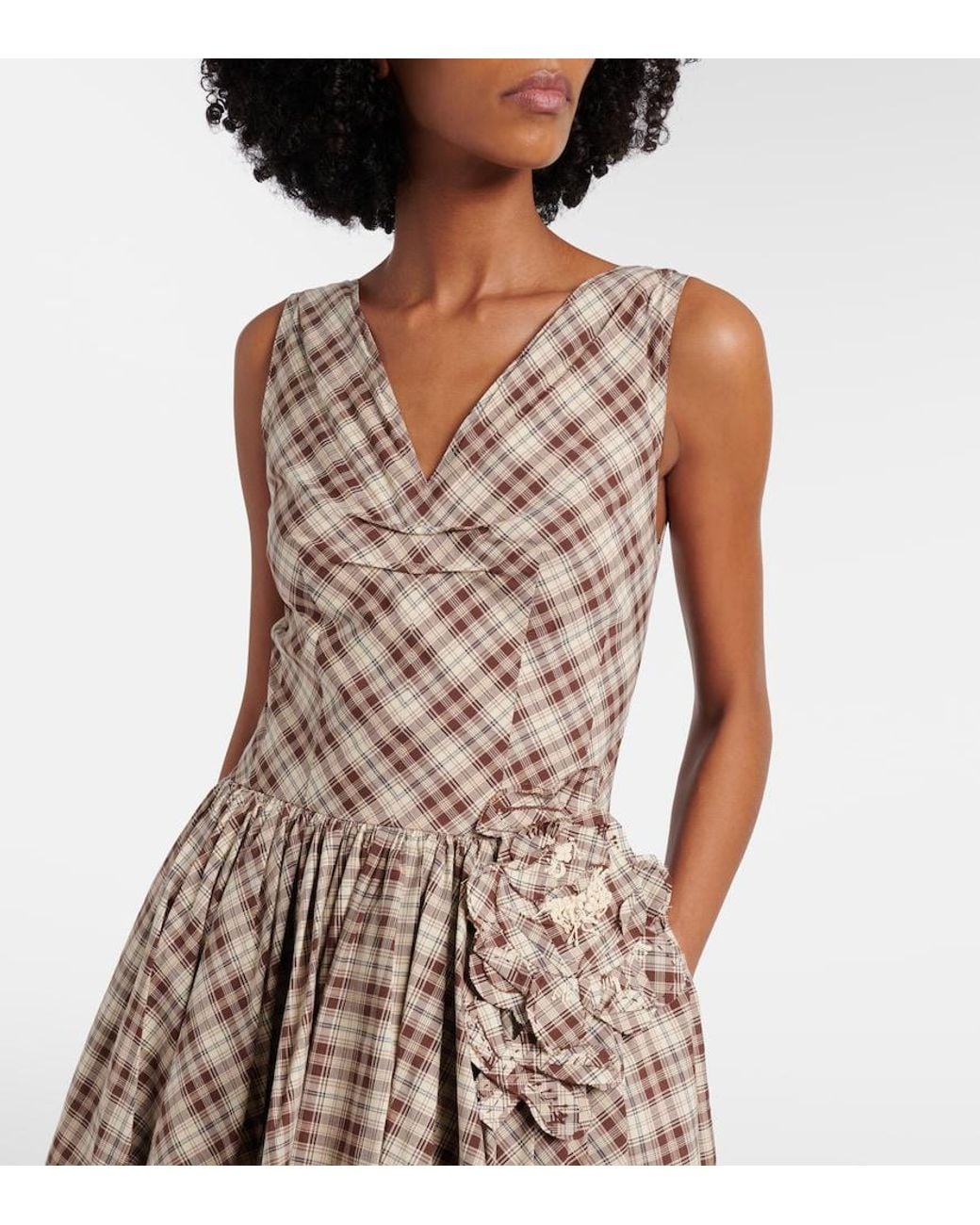 Prada Brown Checked Cotton Poplin Midi Dress