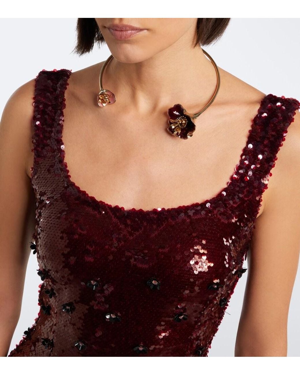 La Fuori Red Embellished Floral Minidress