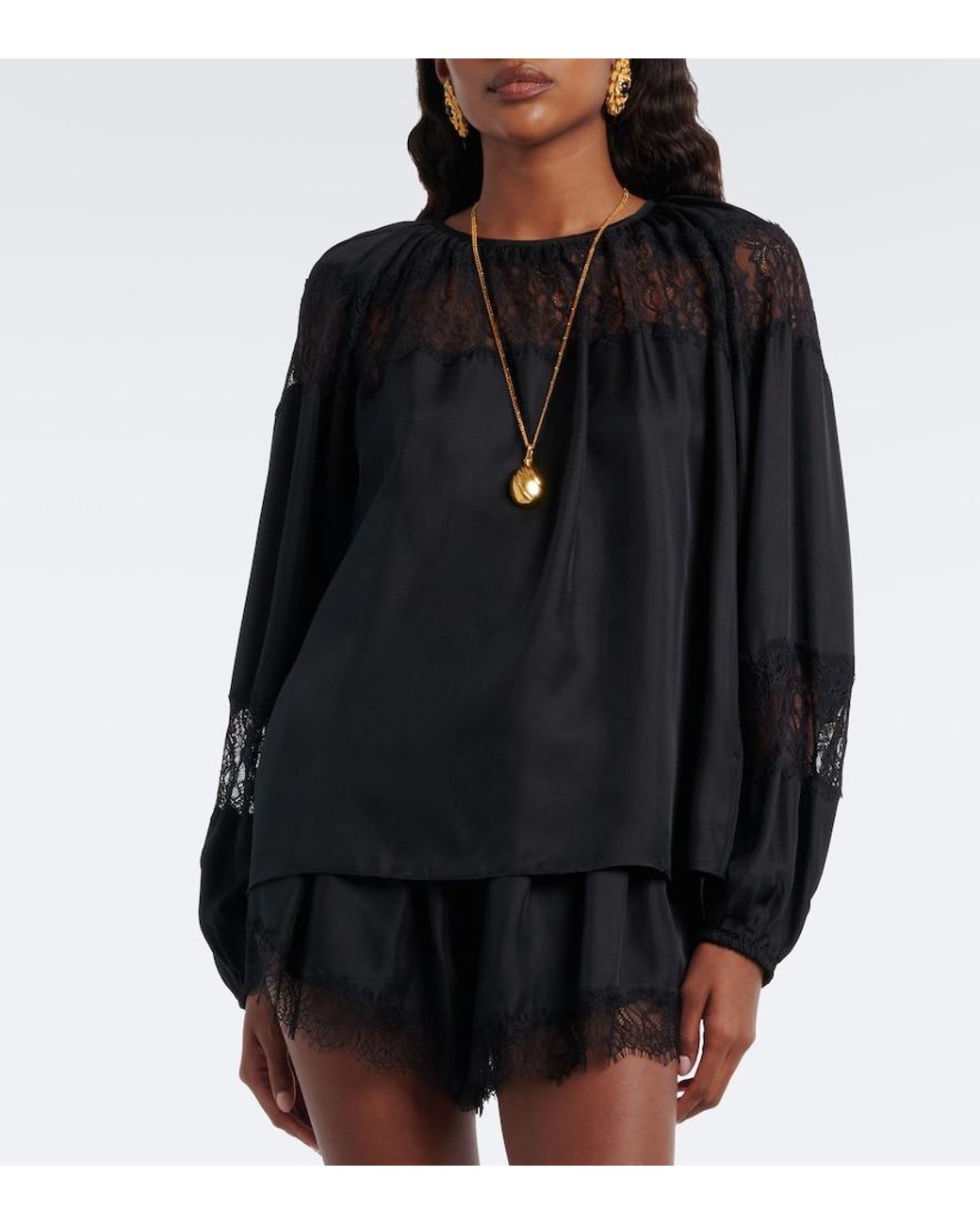 Ulla Johnson Black Bess Lace-Trimmed Silk Blouse