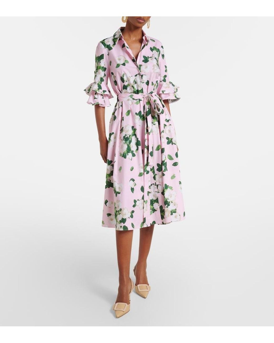 Carolina Herrera White Belted Floral Cotton-Blend Shirt Dress