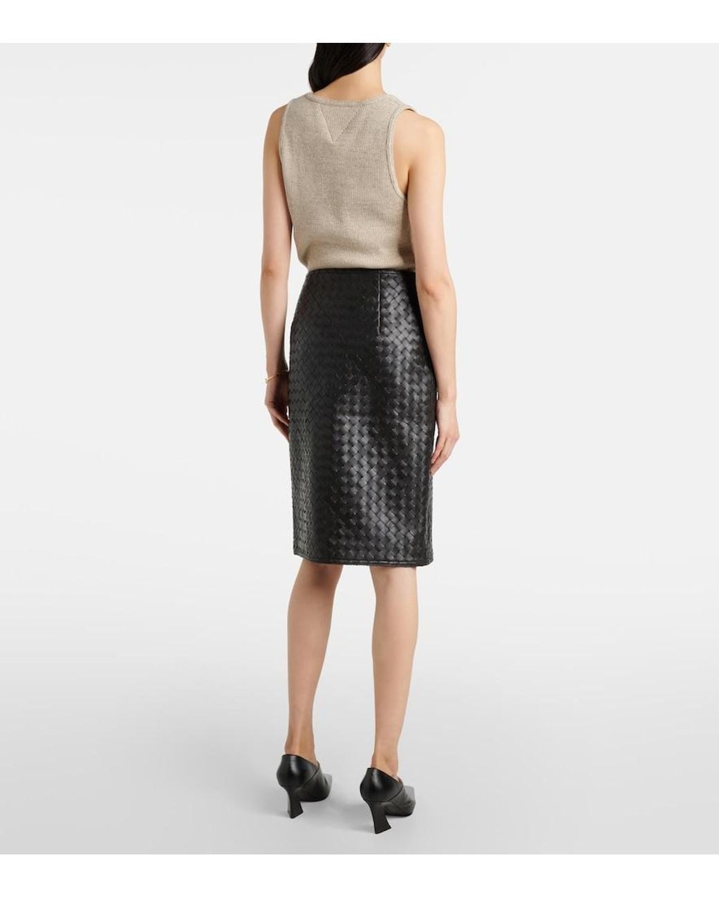 Bottega Veneta Black Intrecciato Leather Midi Skirt