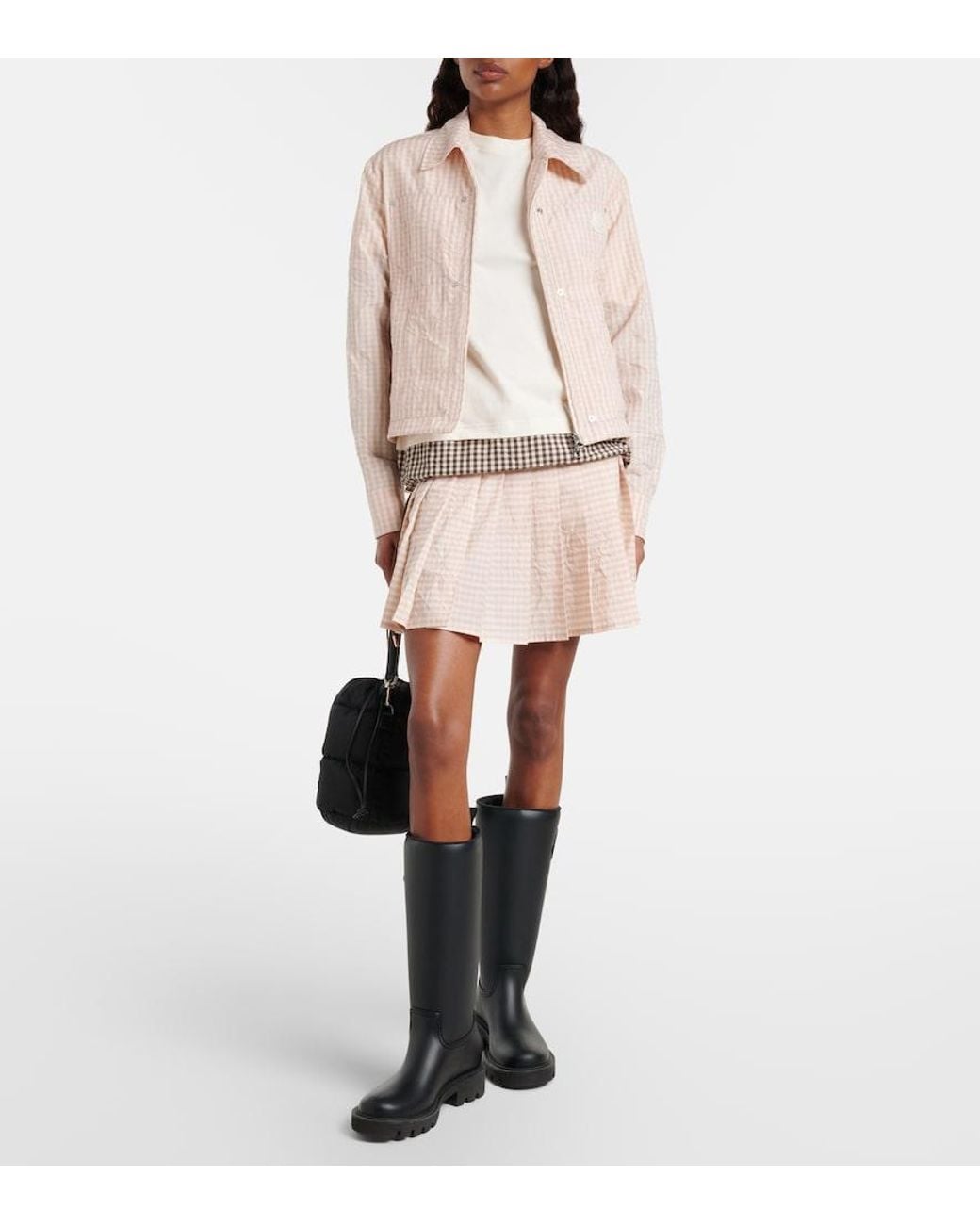 Moncler Natural Checked Pleated Cotton-Blend Miniskirt