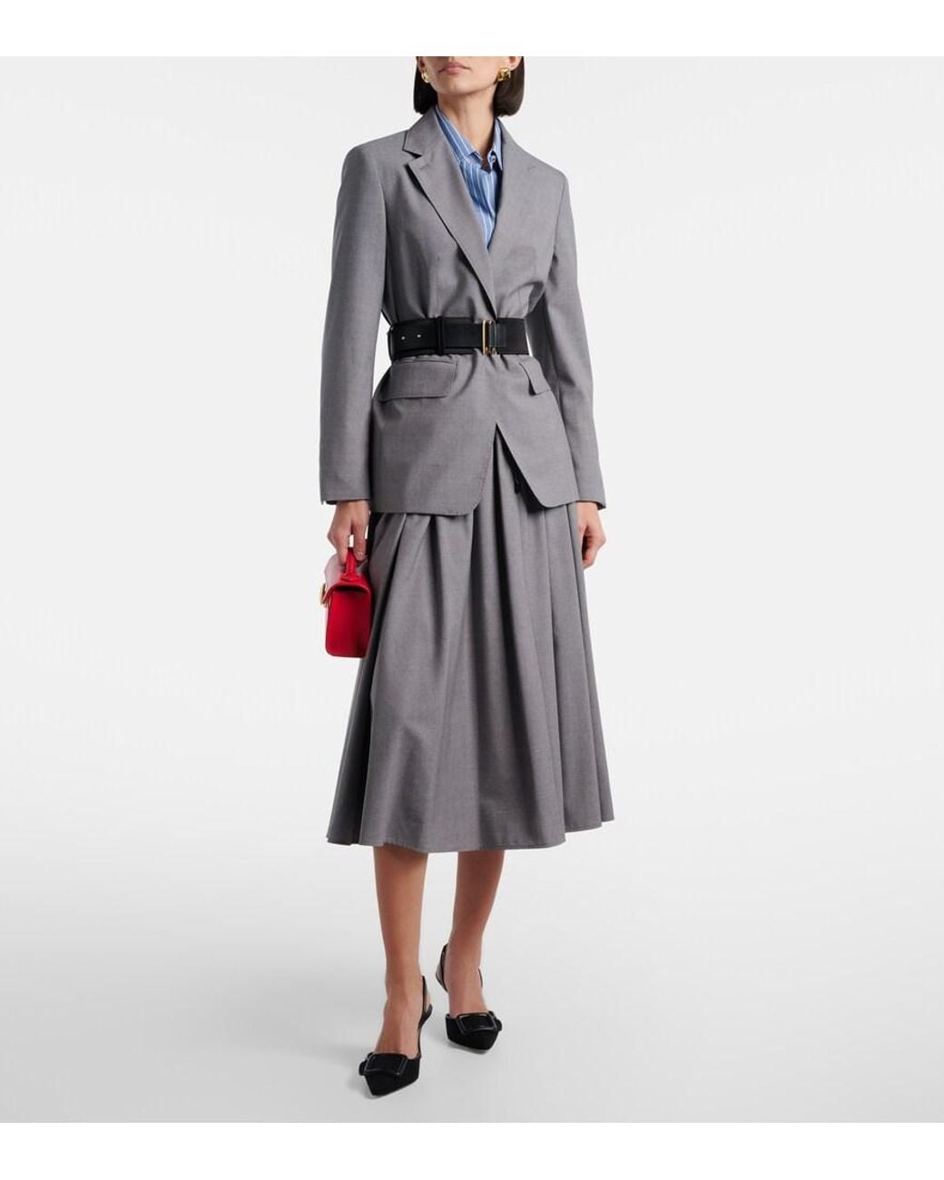 Max Mara Gray Livrea Virgin Wool Midi Skirt