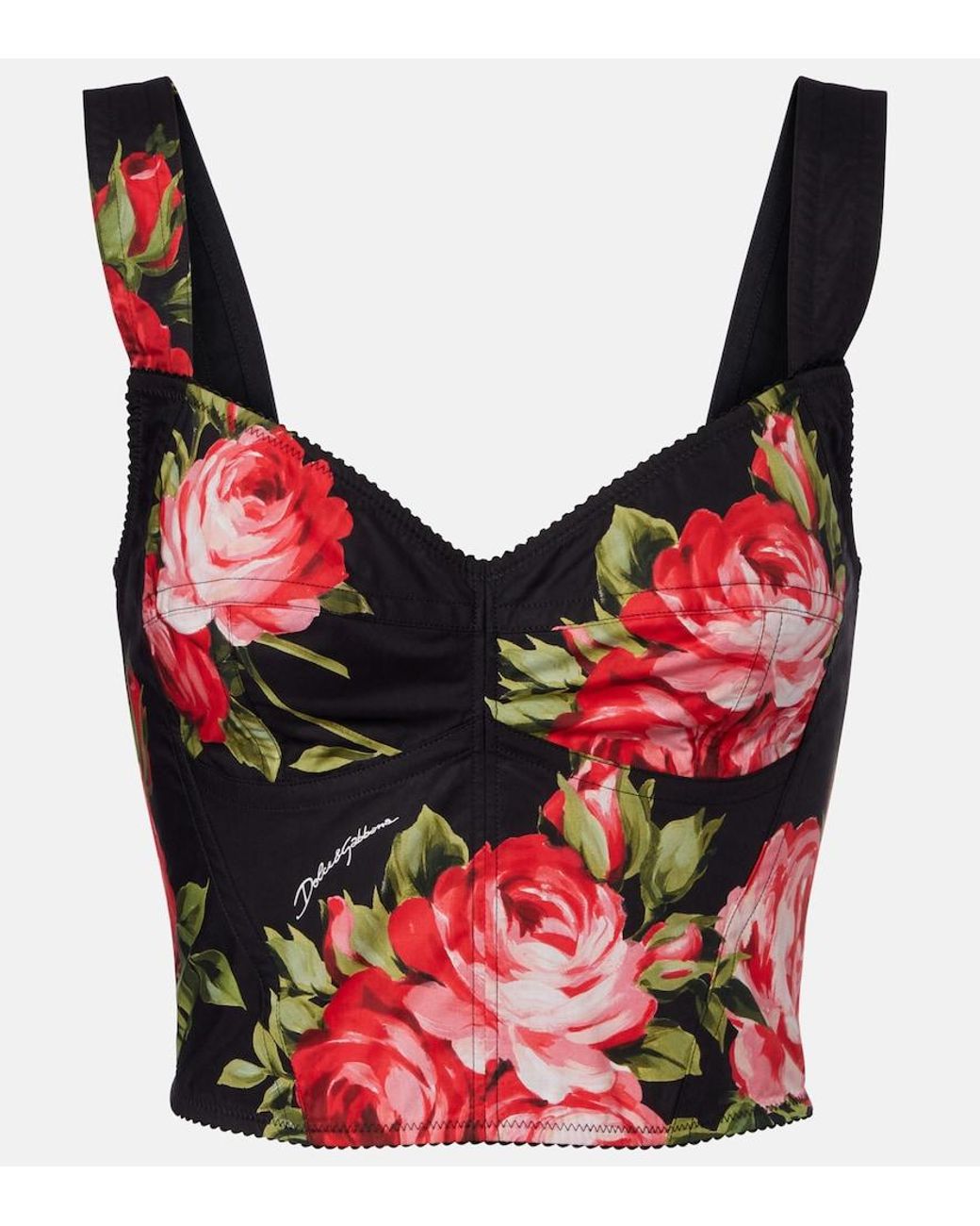 Dolce & Gabbana Red Floral Cotton-Blend Bustier Top
