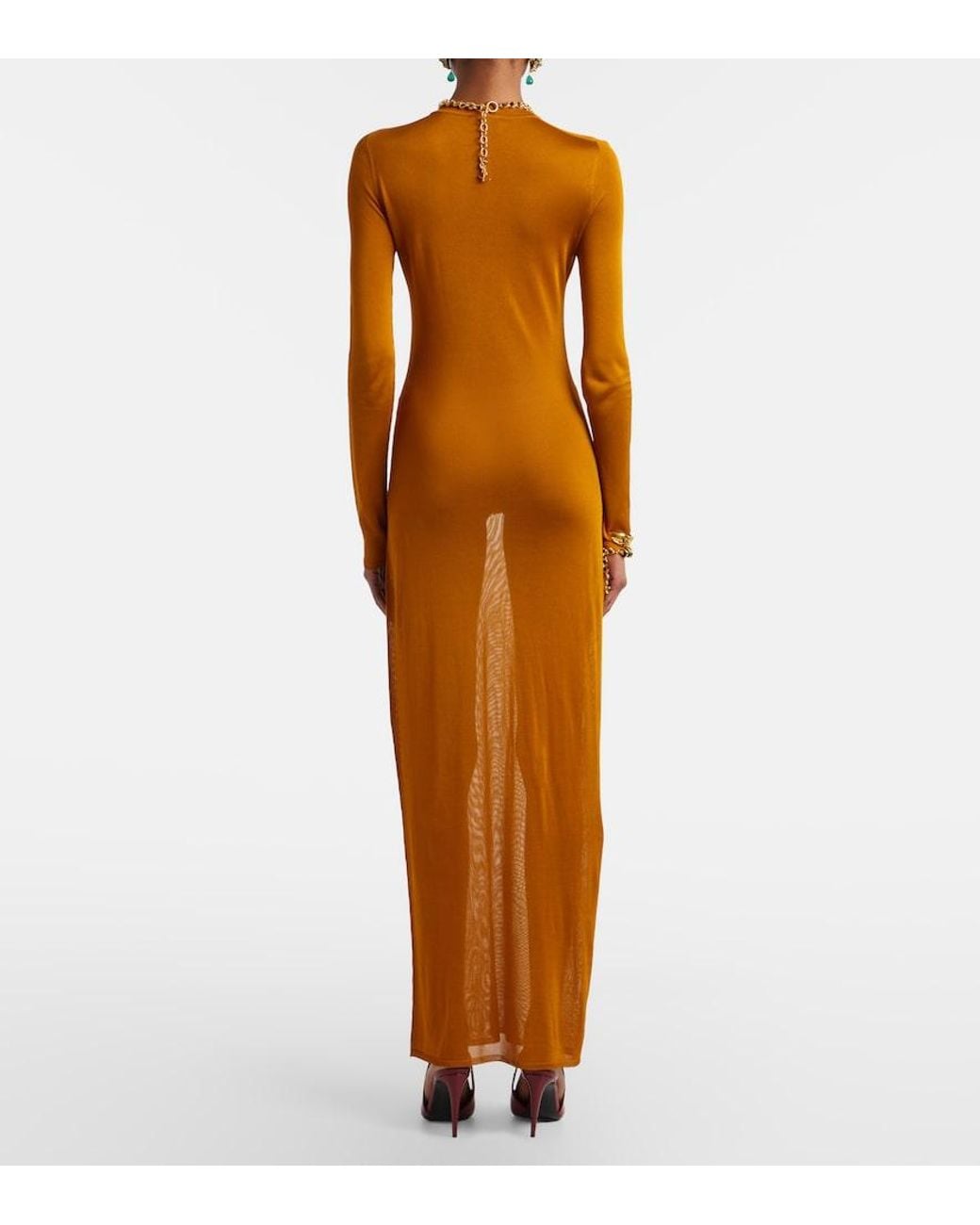 Saint Laurent Orange Knitted Semi-Sheer Maxi Dress