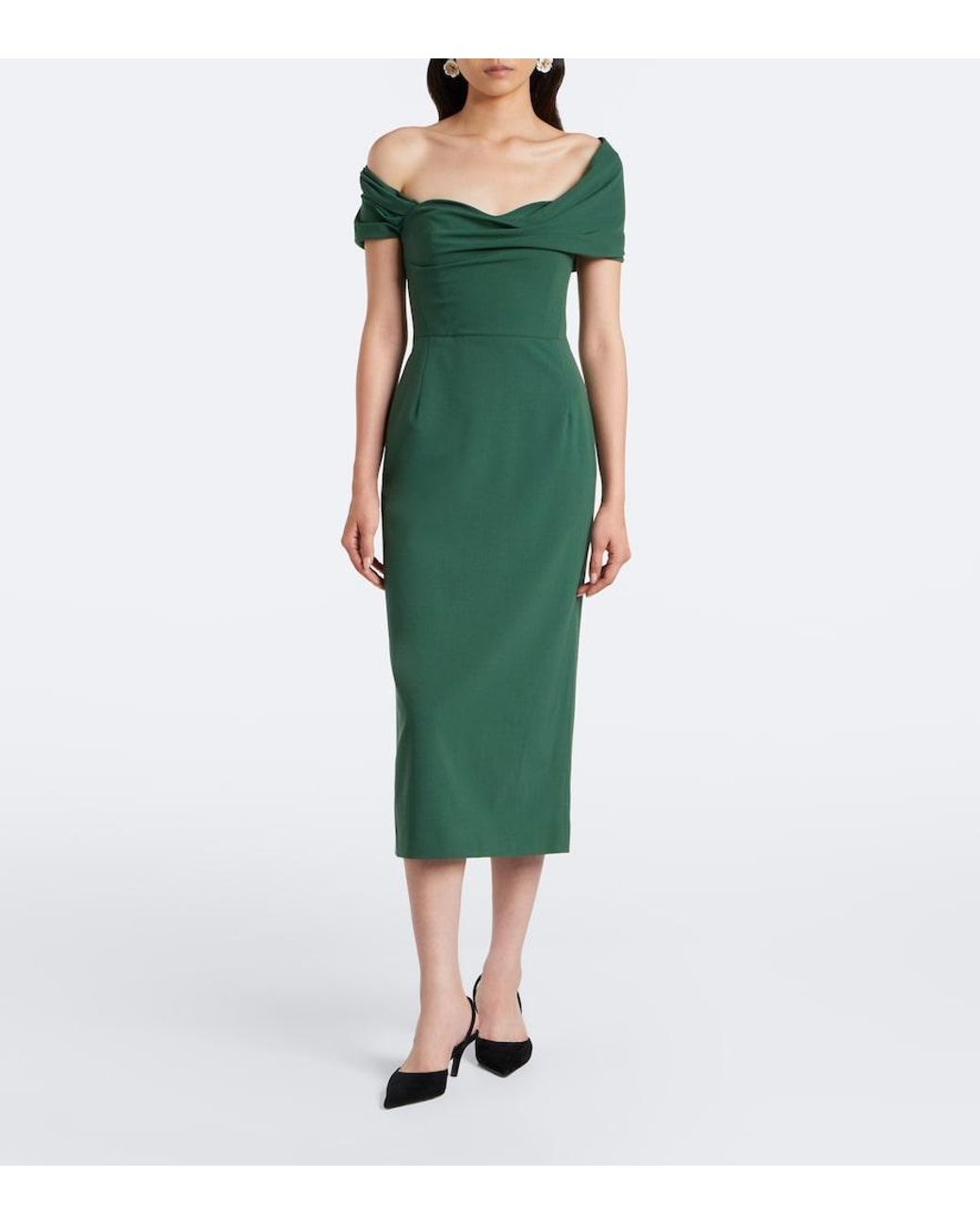 Carolina Herrera Green Off-Shoulder Wool-Blend Cocktail Dress