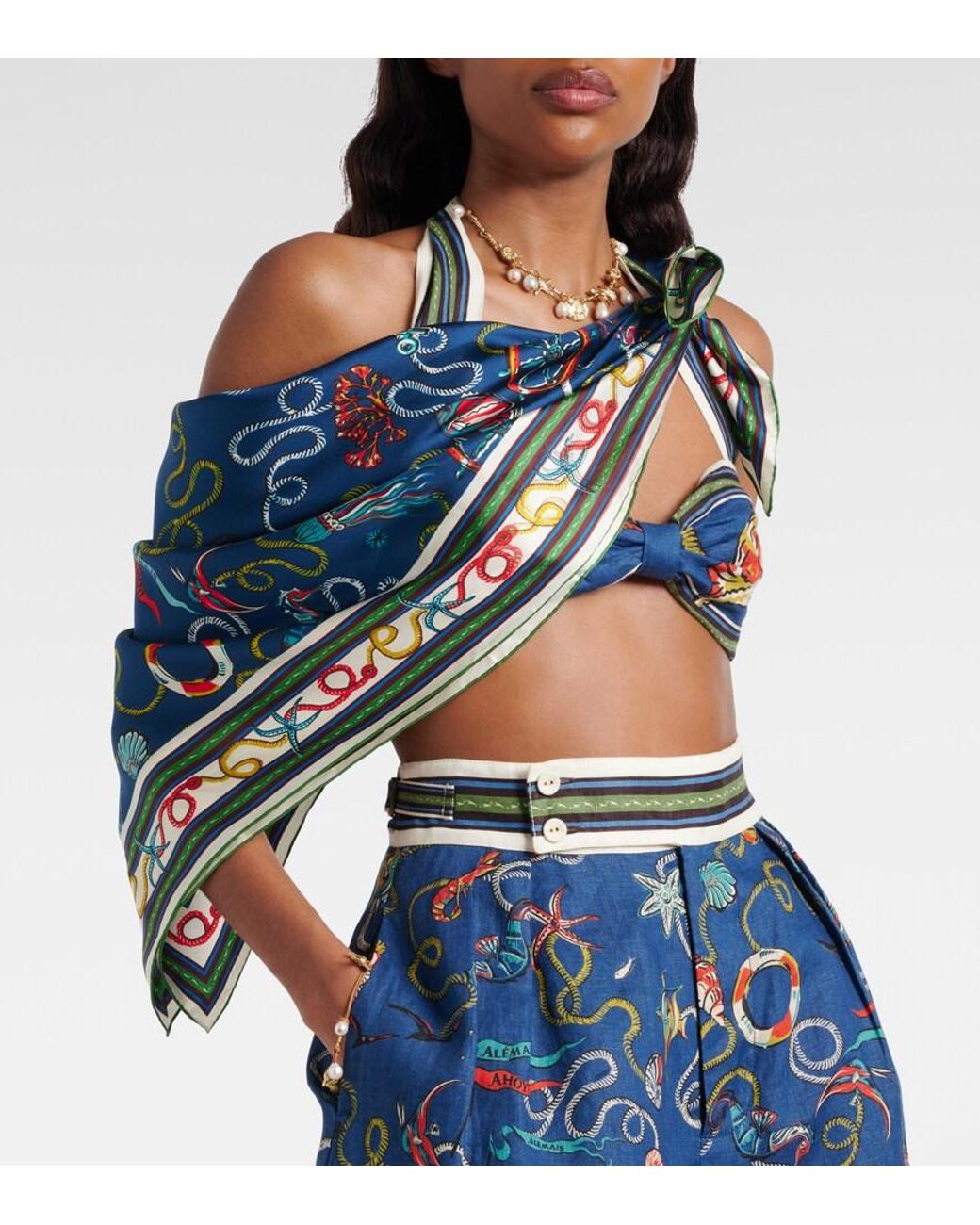 ALÉMAIS Blue Printed Silk Twill Scarf