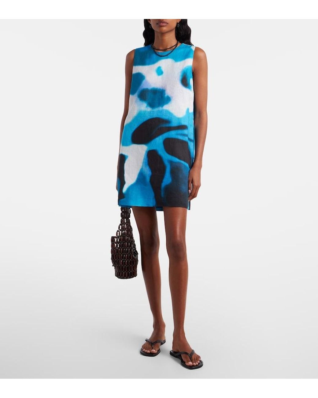 Staud Blue Brea Printed Linen Minidress