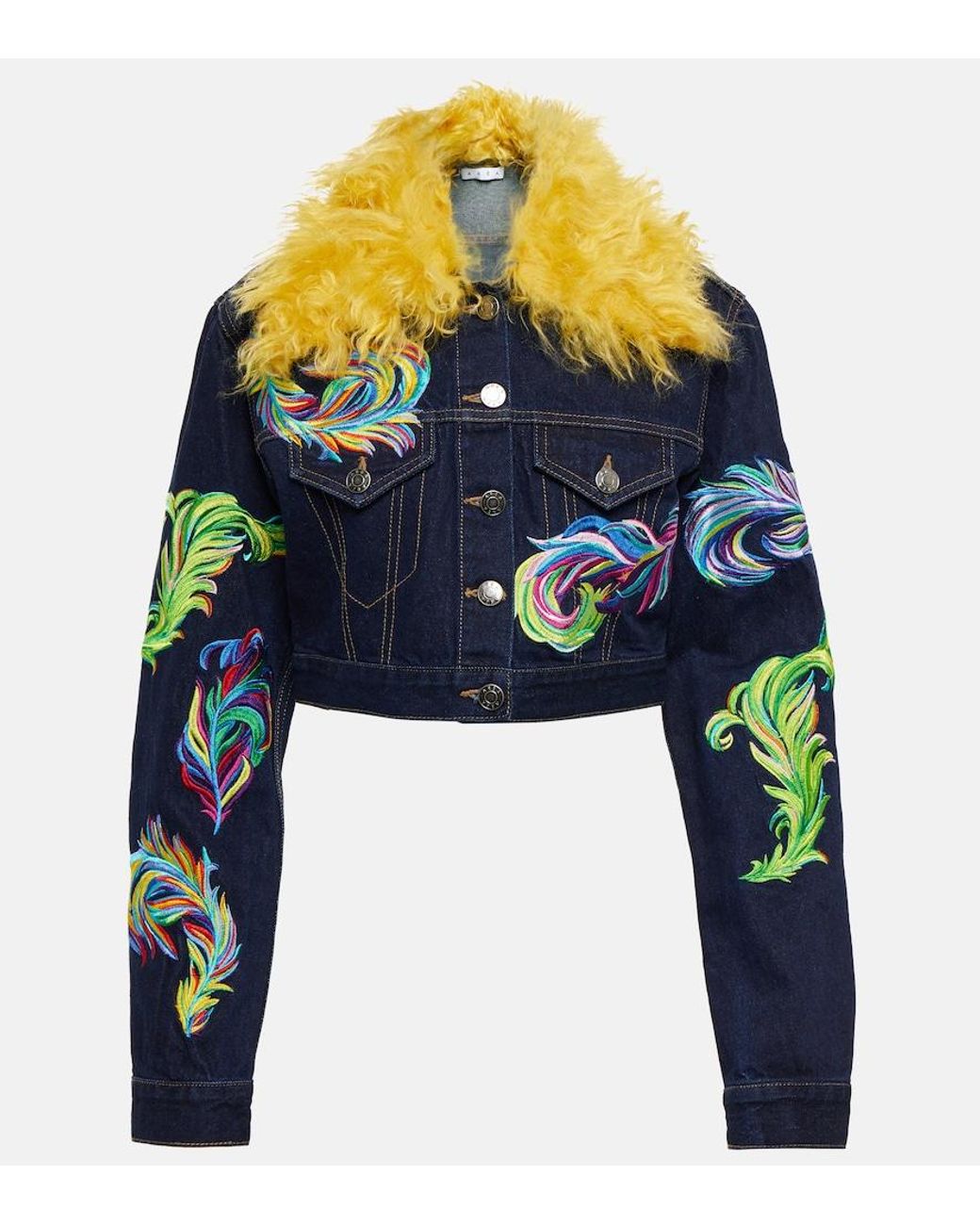 Area Blue Mohair-Trimmed Cropped Denim Jacket
